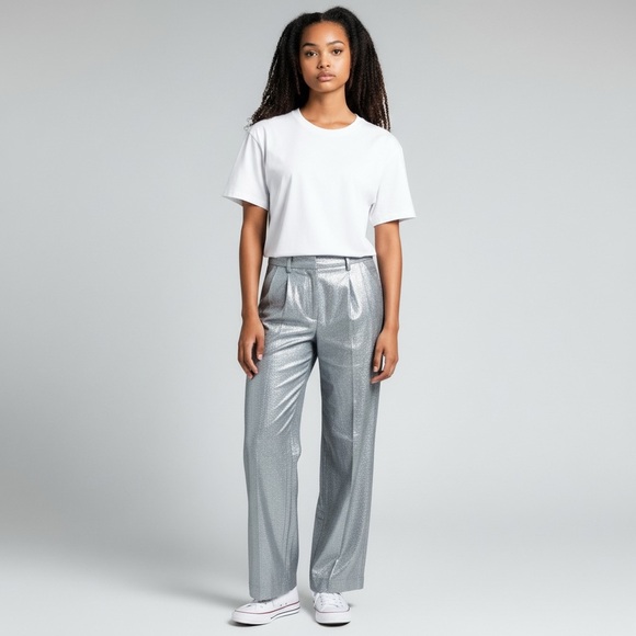 Vintage Pants - Vintage Custom Made High Waist Silver Mesh Wide Leg Pleat Front Trousers
